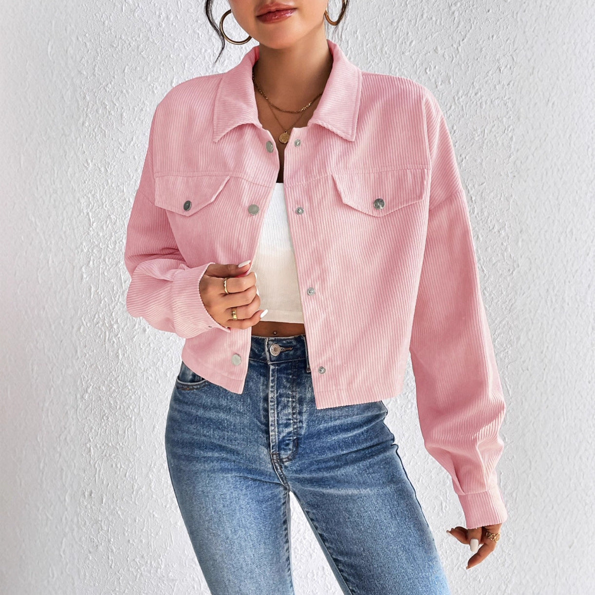 Cropped Corduroy Jacket with Button Front and Chest Pockets