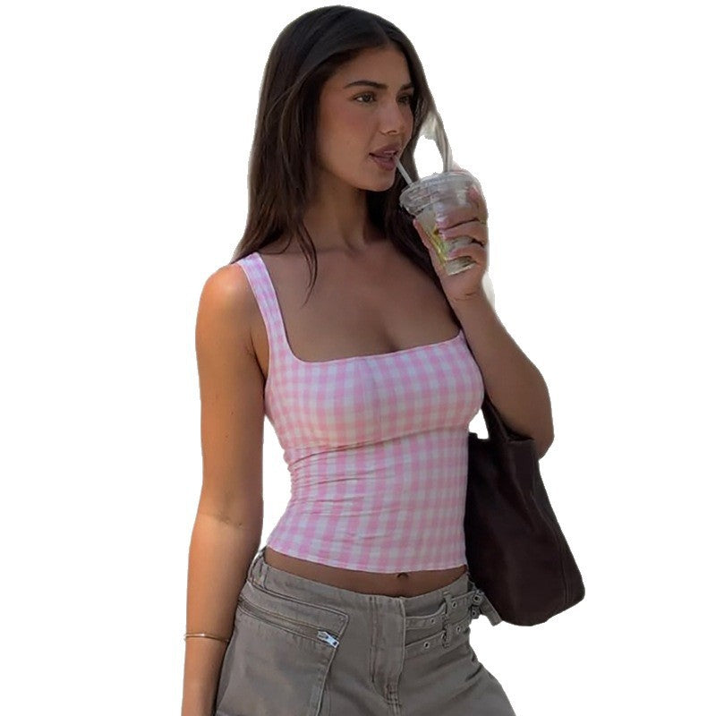 Gingham Crop Tank Top with Square Neck and Slim Fit