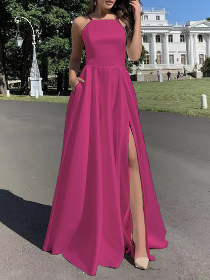 Solid A-Line Maxi Dress with Square Neck and High Slit