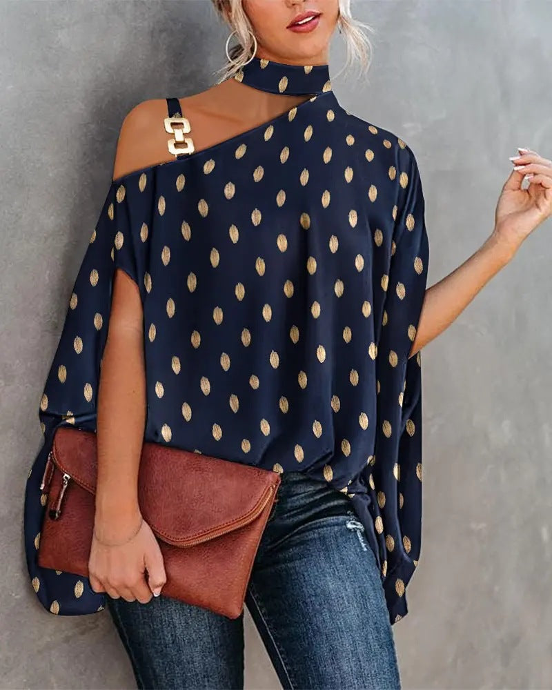 Printed Dolman Sleeve Blouse with Choker Neck and Chain Detail