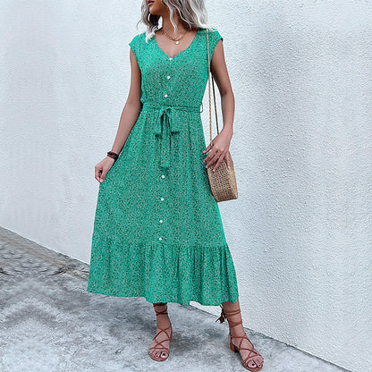 Floral A-Line Midi Dress with Button-Front and Tie-Waist