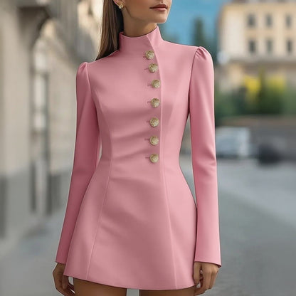 Slim-Fit Mini Dress with Stand Collar and Gold Buttons