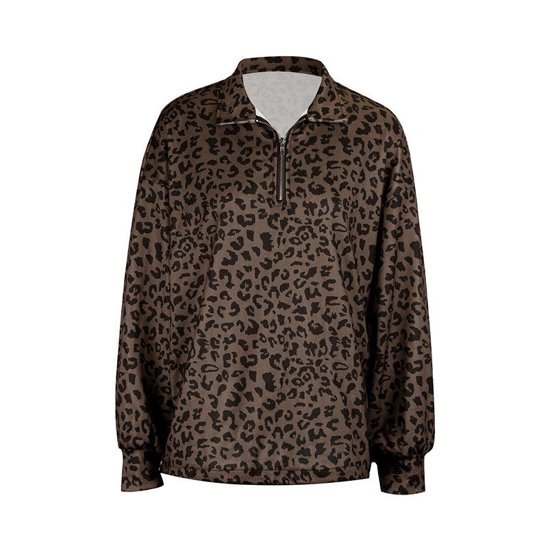 Oversized Leopard Print Pullover with Quarter-Zip Lapel