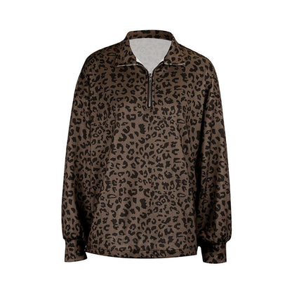 Oversized Leopard Print Pullover with Quarter-Zip Lapel