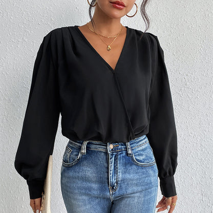 Blouson Bodysuit with Wrap V-Neck and Lantern Sleeves