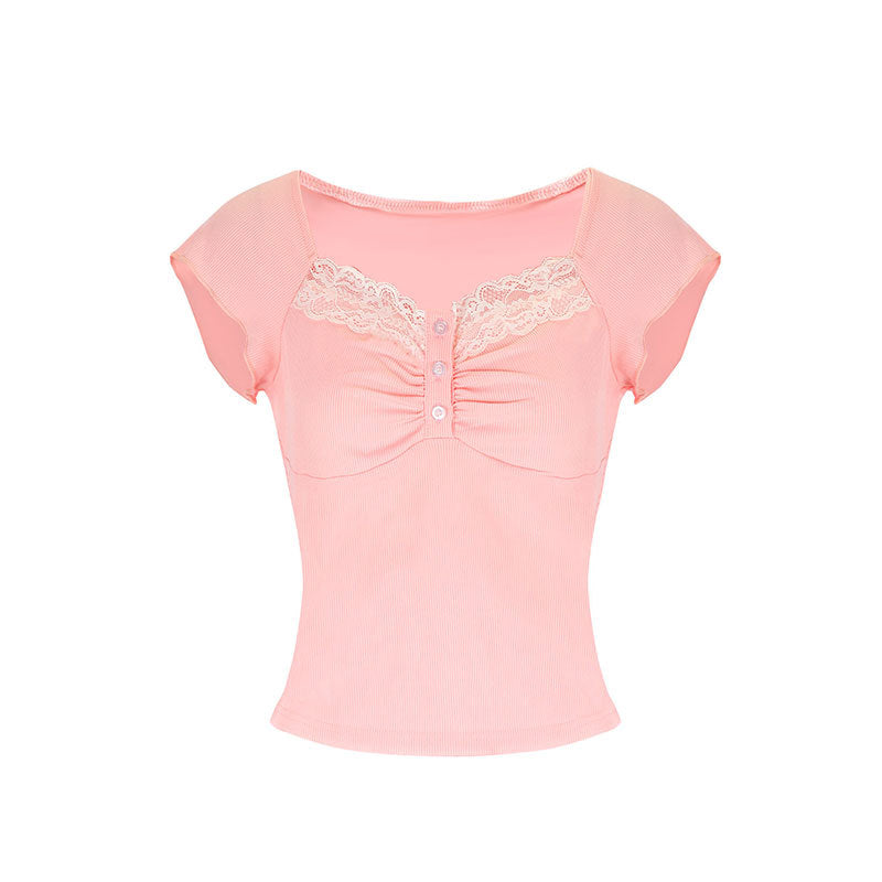 Ribbed Square Neck Top with Lace Trim and Button Detail