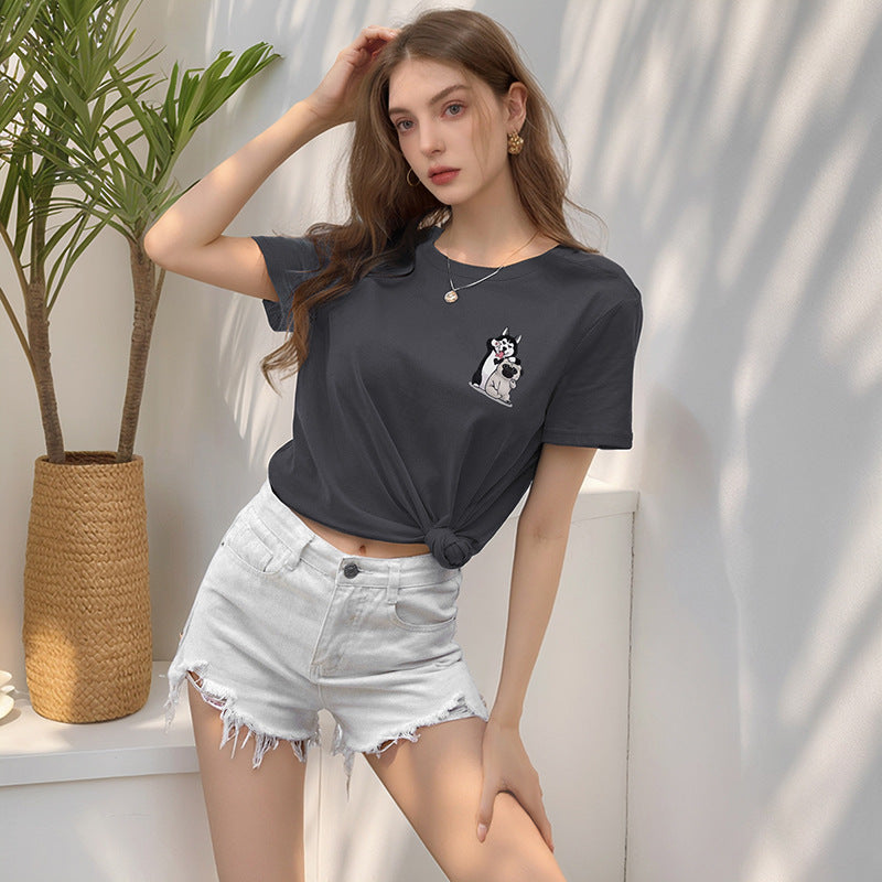 Loose Fit Round Neck T-Shirt with Cartoon Dog Print