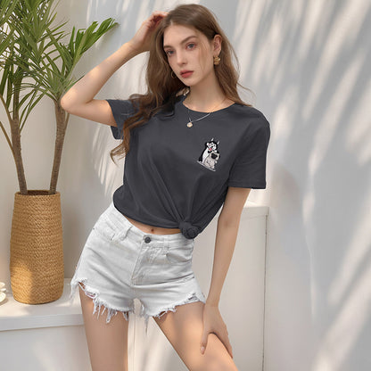 Loose Fit Round Neck T-Shirt with Cartoon Dog Print