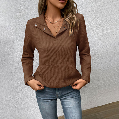 Quilted Pullover with Snap-Button Half-Open Collar and Kangaroo Pocket