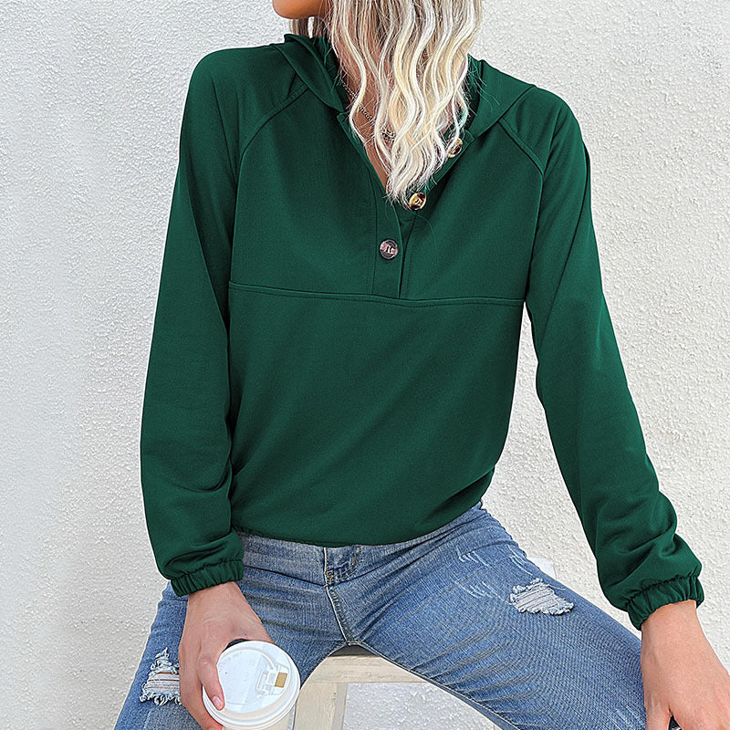 Solid Color Hooded Pullover with Button Placket and Raglan Sleeves