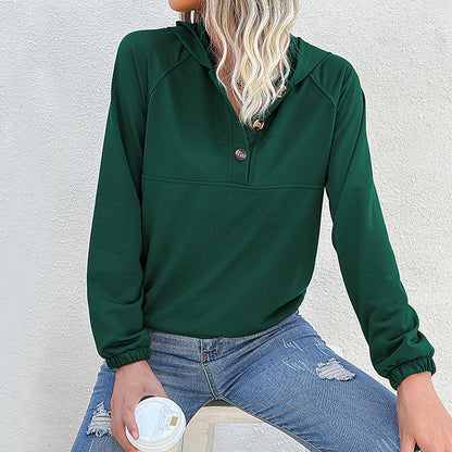 Solid Color Hooded Pullover with Button Placket and Raglan Sleeves