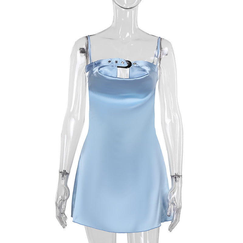 Satin Bodycon Mini Dress with Buckle Detail and Cowl Neck