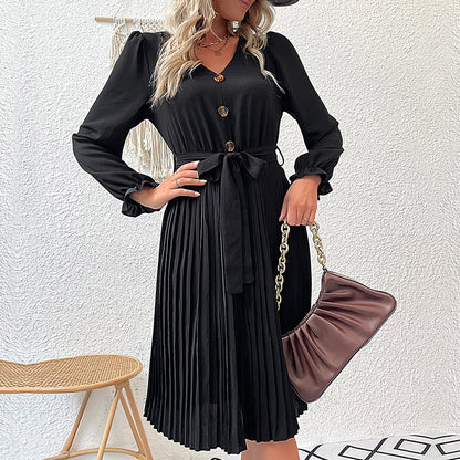 Solid Pleated Midi Dress with V-Neck and Tie-Waist