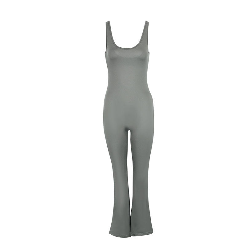 Ribbed Knit Bodycon Flared Leg Jumpsuit with Scoop Neck