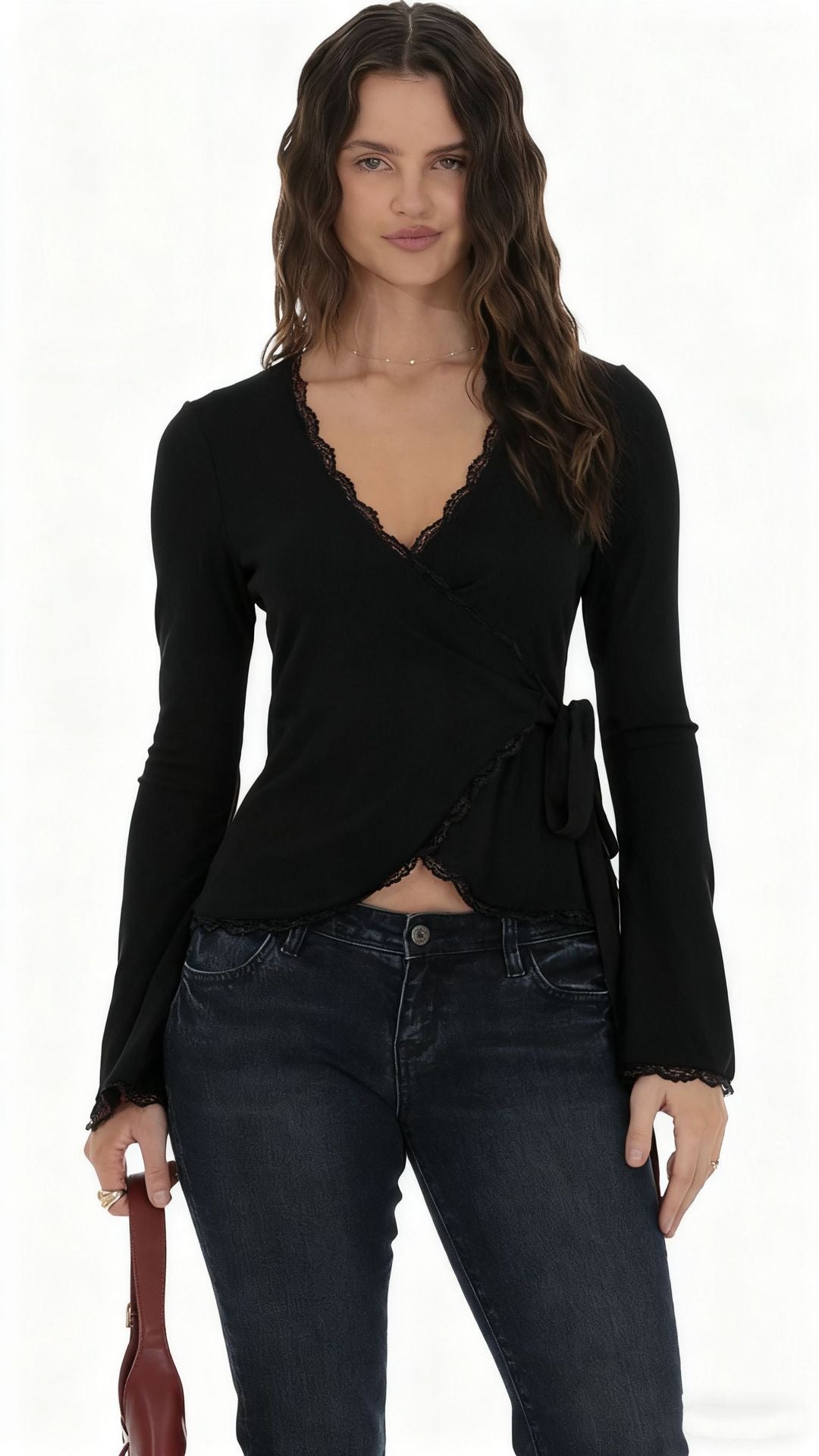 Slim Fit Wrap Top with Lace Trim and Bell Sleeves