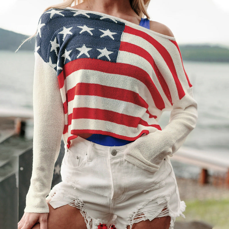 USA Flag Knit Sweater with Off-Shoulder Neckline