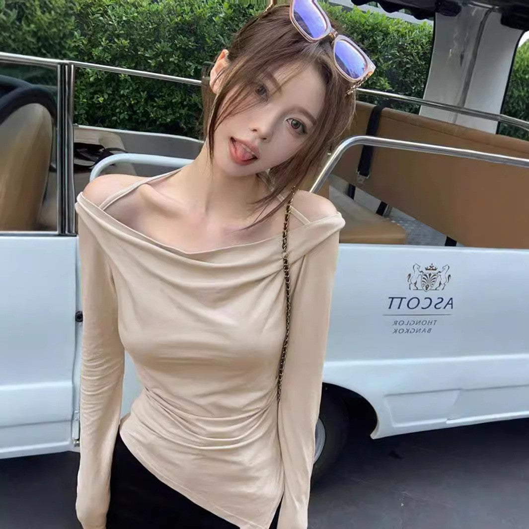 Slim Fit Long Sleeve Top with Swing Collar and Shoulder Straps