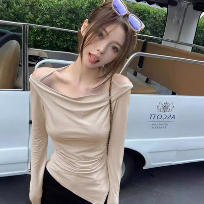 Slim Fit Long Sleeve Top with Swing Collar and Shoulder Straps