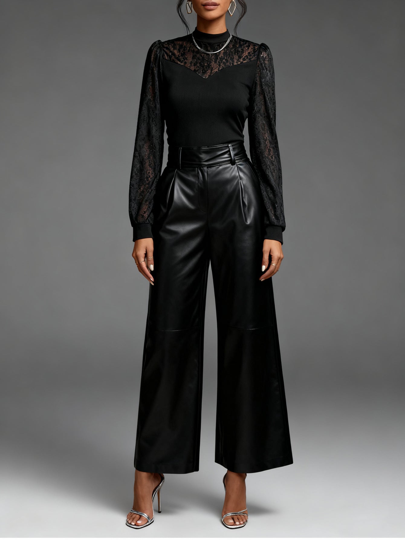 Mock Neck Long Sleeve Top with Sheer Lace Yoke and Sleeves