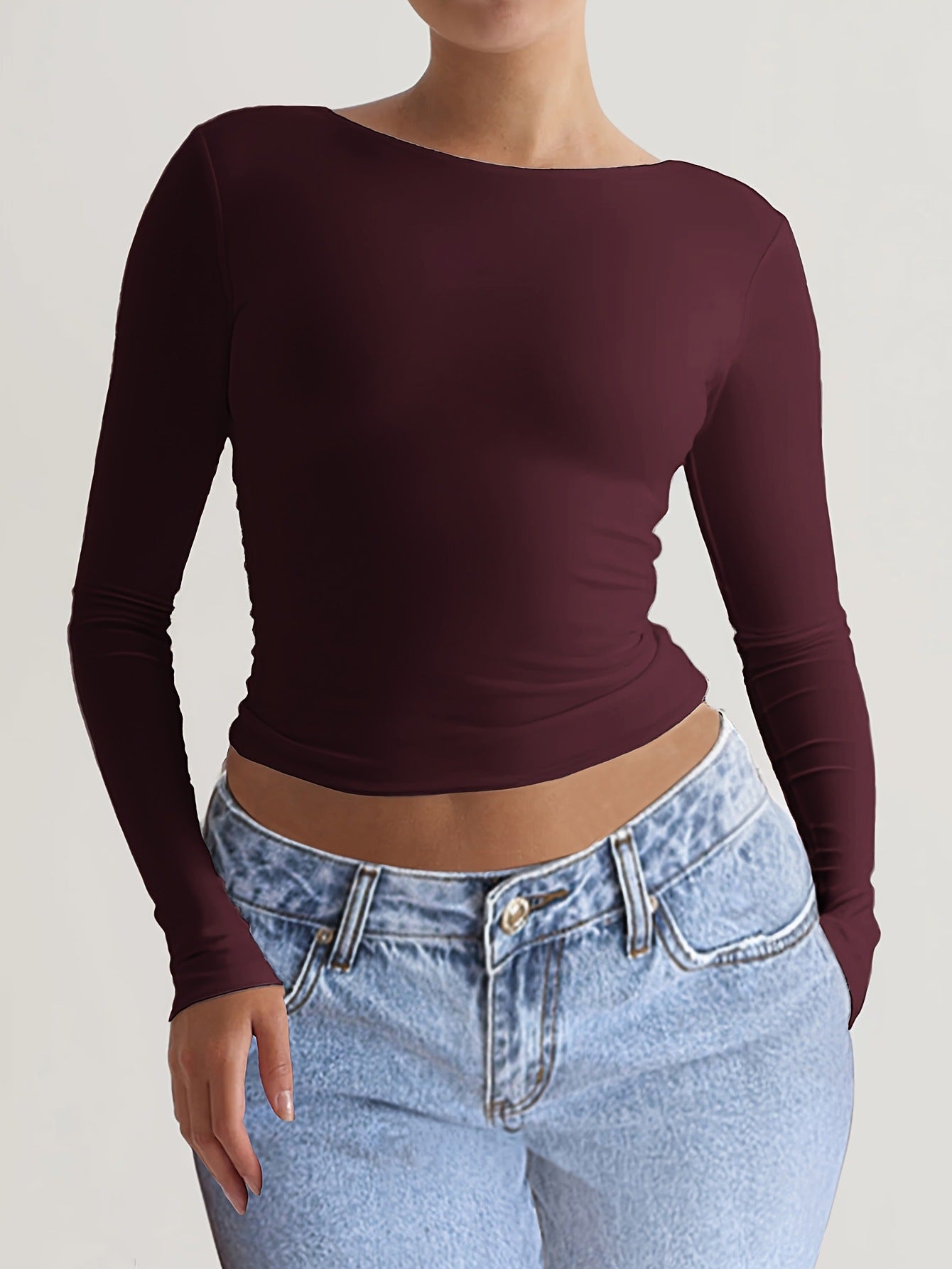 Bodycon Long Sleeve Knit Top with Square Back
