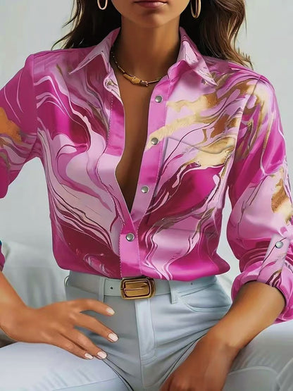Fluid Abstract Print Button-Down Shirt with V-Neckline and Long Sleeves