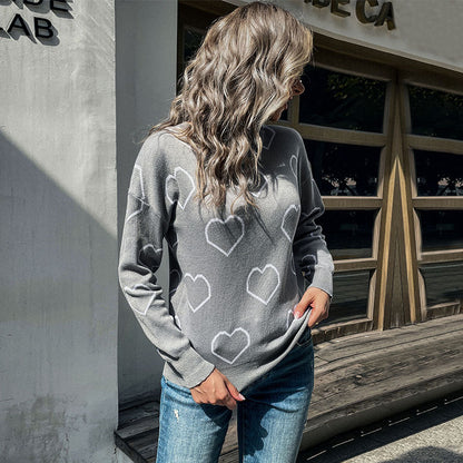 Heart Jacquard Loose Knit Sweater with Crewneck