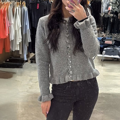 Knit Cardigan with Ruffle Trim and Round Neck