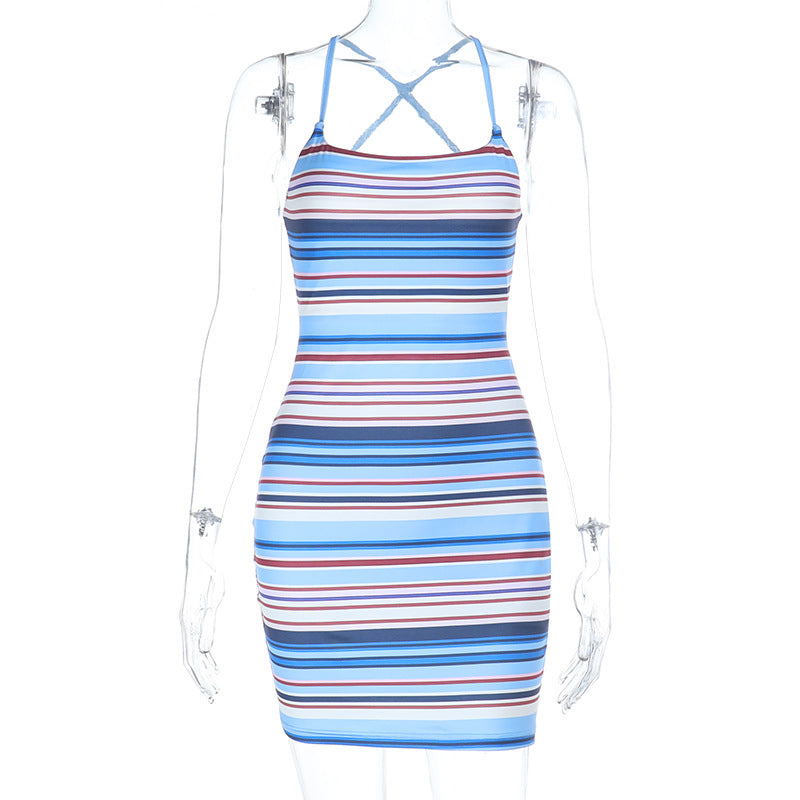 Striped Knitted Bodycon Mini Dress with Spaghetti Straps