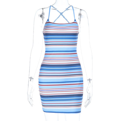 Striped Knitted Bodycon Mini Dress with Spaghetti Straps