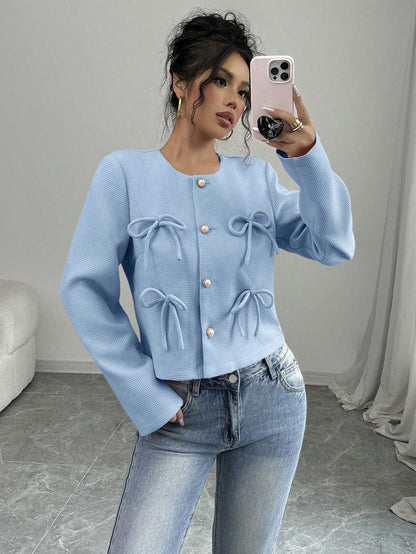 Cropped Textured Jacket with Bow Details and Pearl Buttons