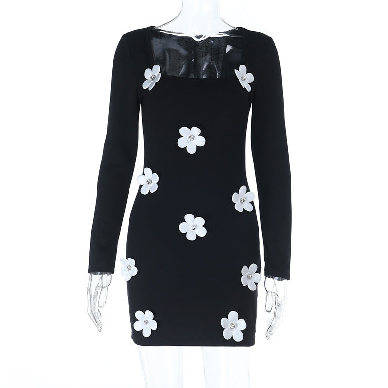Bodycon Mini Dress with 3D Flower Appliqués and Long Sleeves