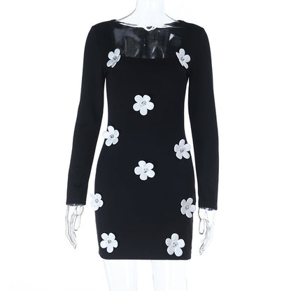 Bodycon Mini Dress with 3D Flower Appliqués and Long Sleeves