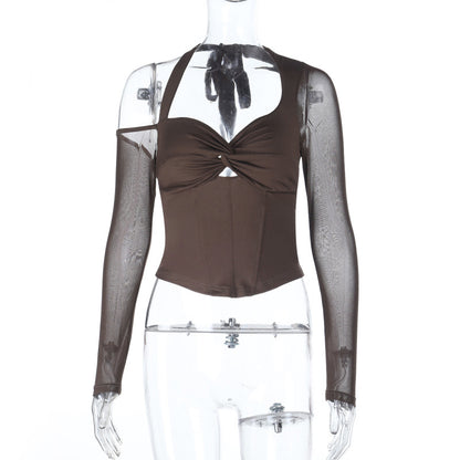Bodycon Long-Sleeve Top with Twist-Knot and Mesh Sleeves