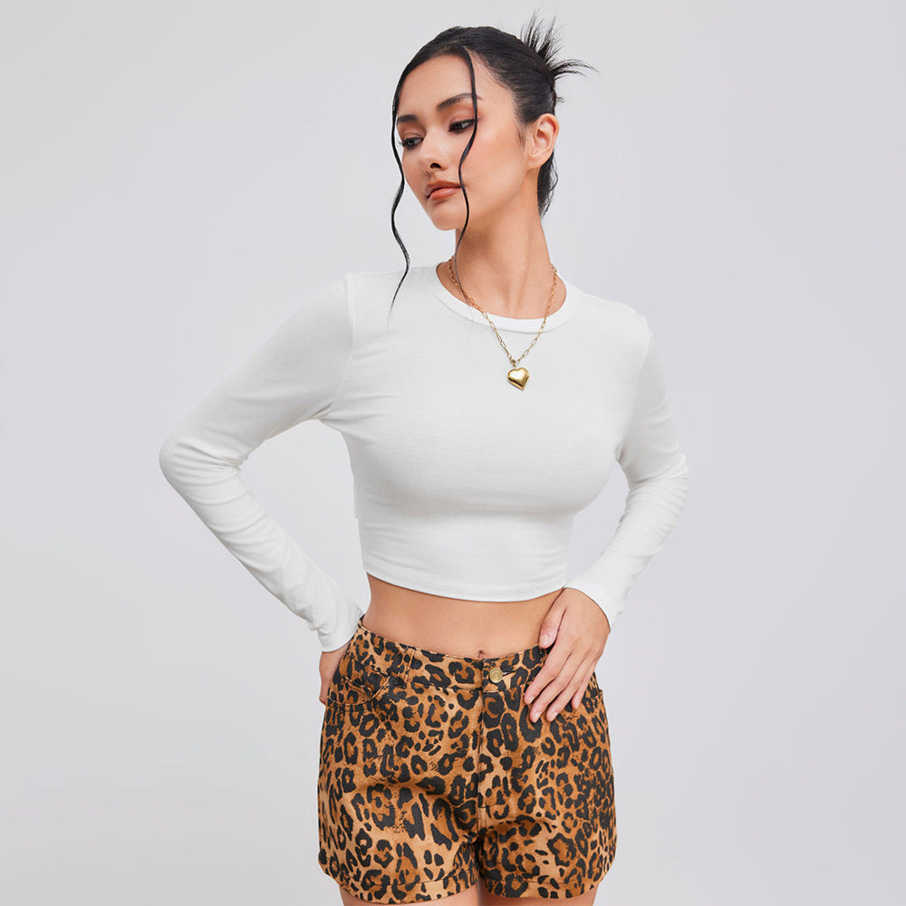 Slim Fit Round Neck Cropped Top with Long Sleeves