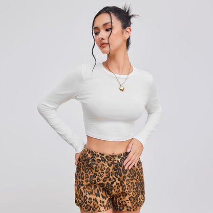 Slim Fit Round Neck Cropped Top with Long Sleeves