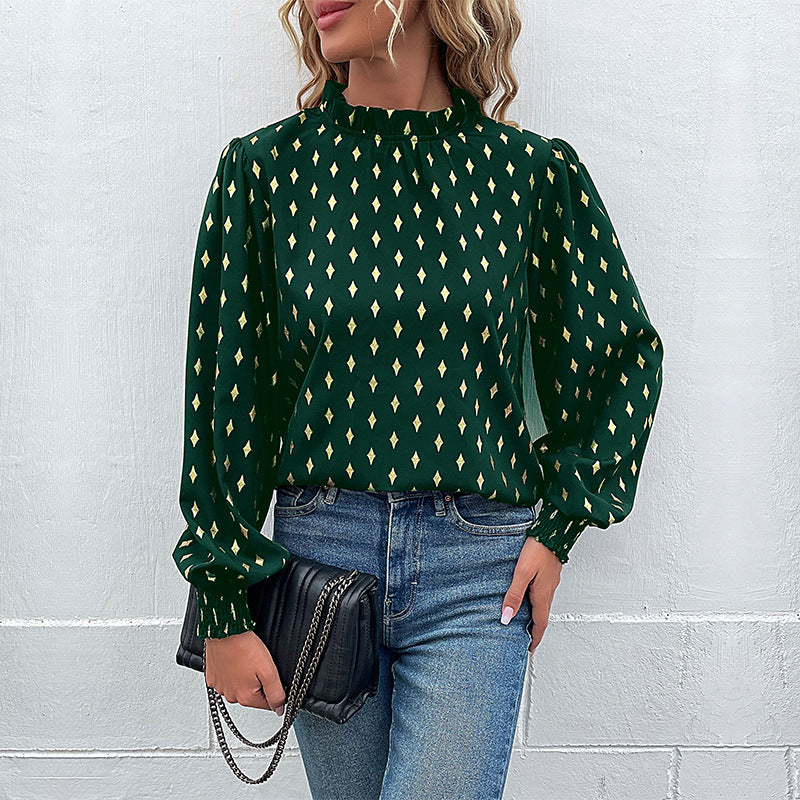 Bronzing Diamond Print Blouse with Mock Neck and Smocked Cuffs
