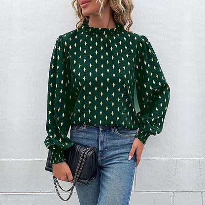 Bronzing Diamond Print Blouse with Mock Neck and Smocked Cuffs