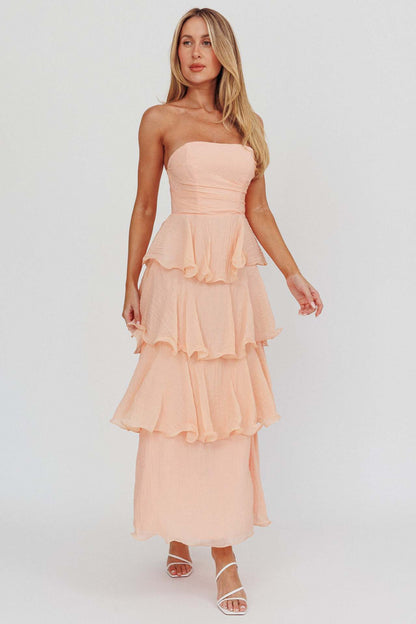 Strapless Tiered Midi Dress with Layered Ruffles