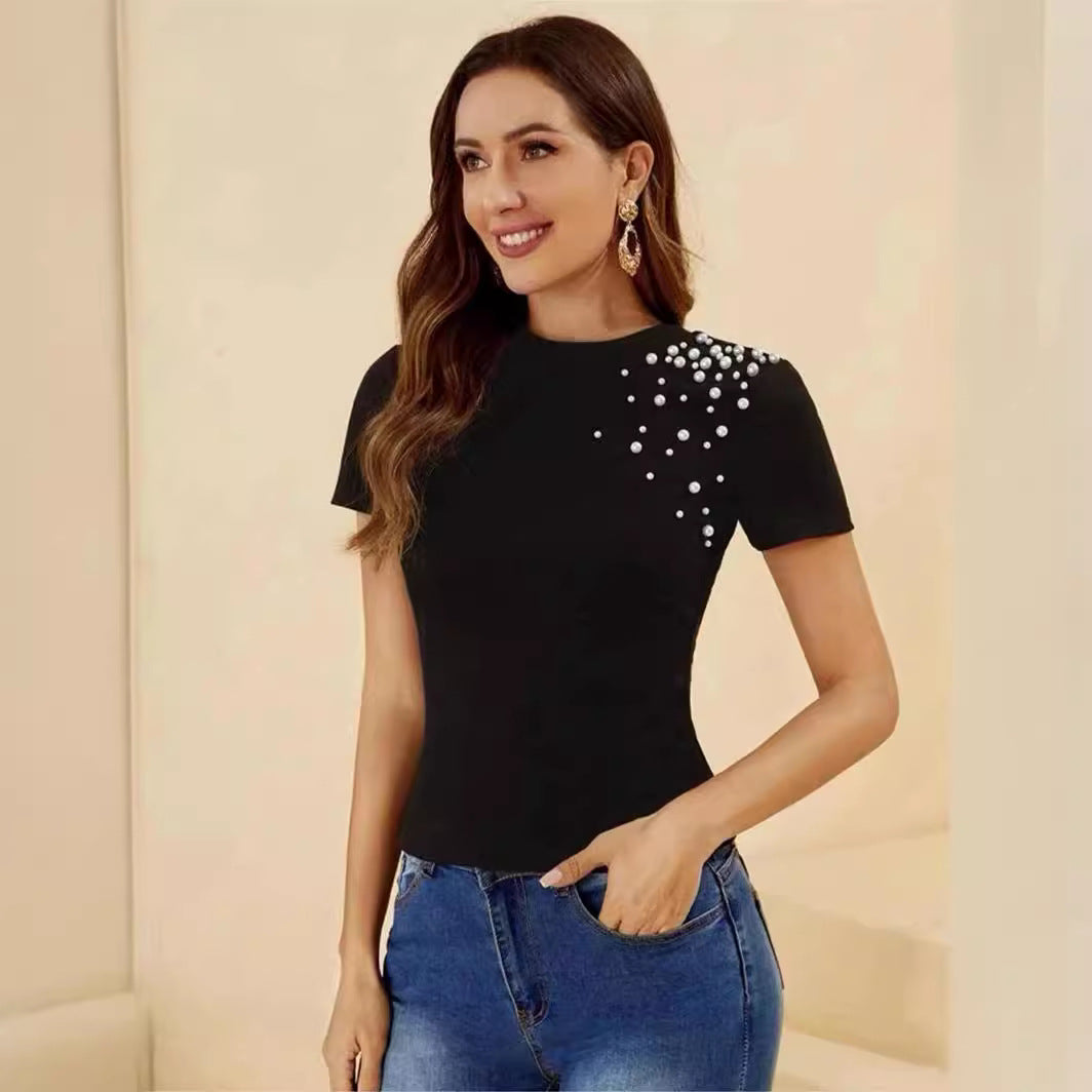 Slim Fit Crewneck T-Shirt with Pearl Beaded Shoulder