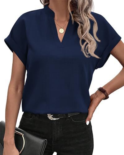 Short Sleeve V-Neck Blouse in Textured Polyester