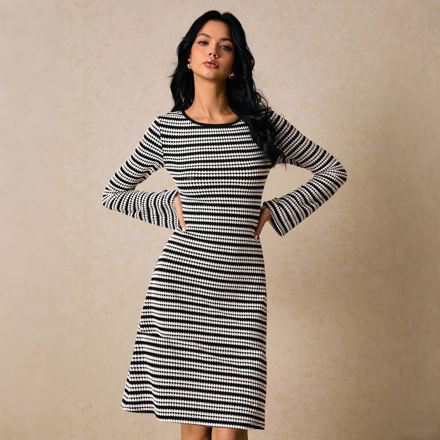 Striped Knit Fit-and-Flare Dress with Long Sleeves