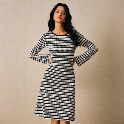 Striped Knit Fit-and-Flare Dress with Long Sleeves