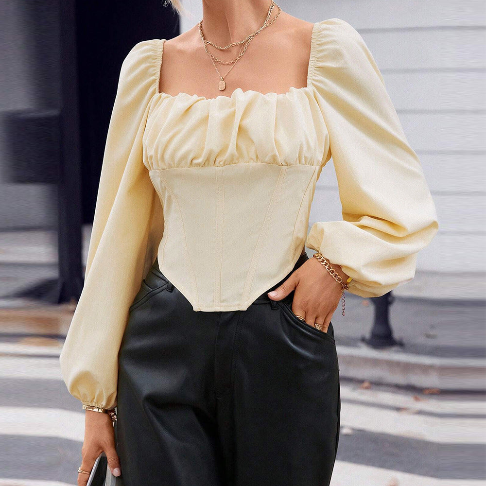 Corset-Style Puff Sleeve Top with Square Neck and Tie Back