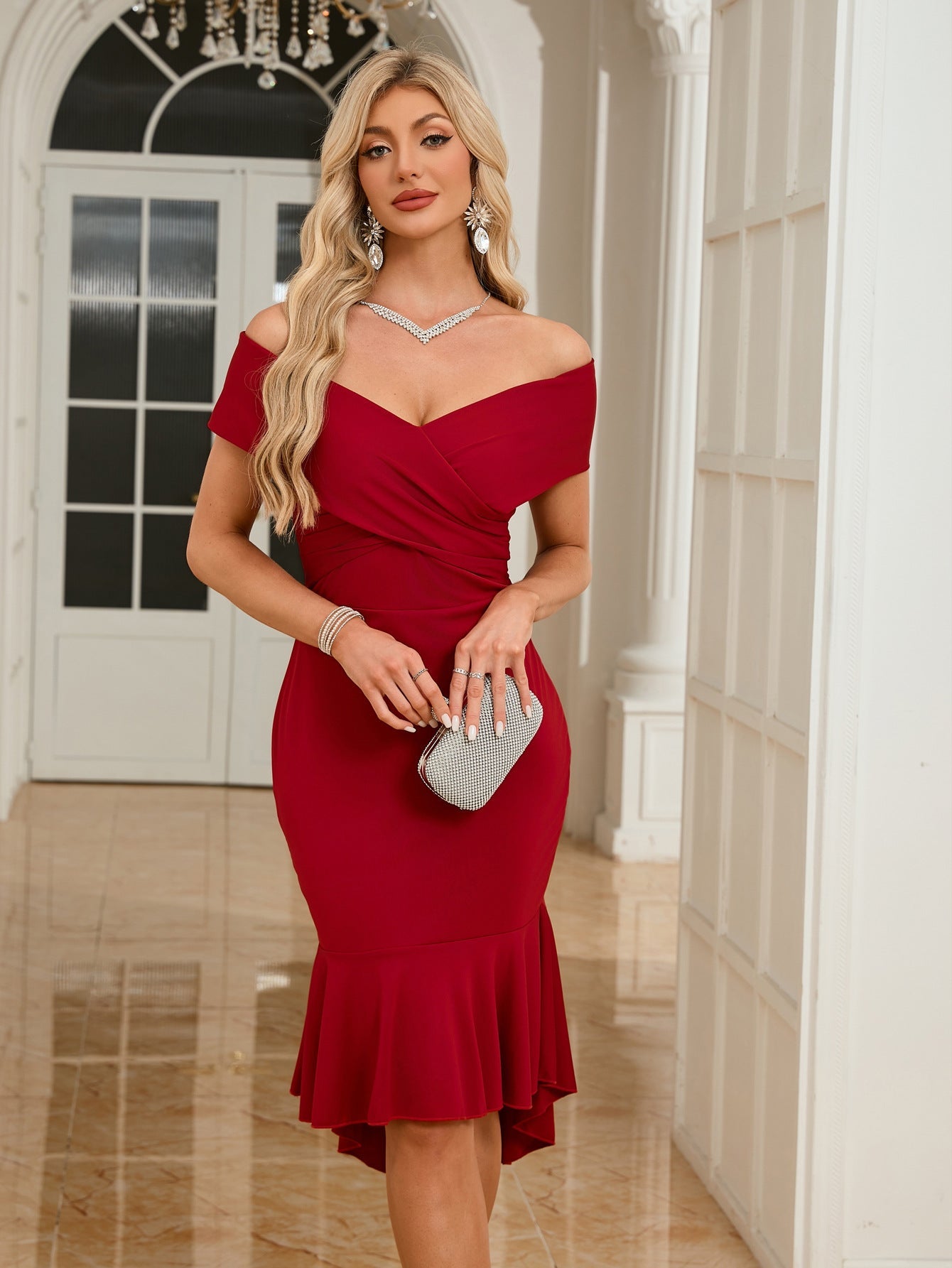 Bodycon Midi Dress with Off-Shoulder Neckline and Ruffle Hem