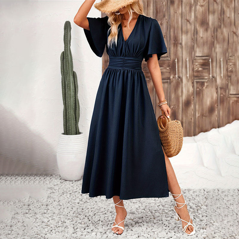 Solid V-Neck Midi Dress with Flutter Sleeves and Elastic Waist