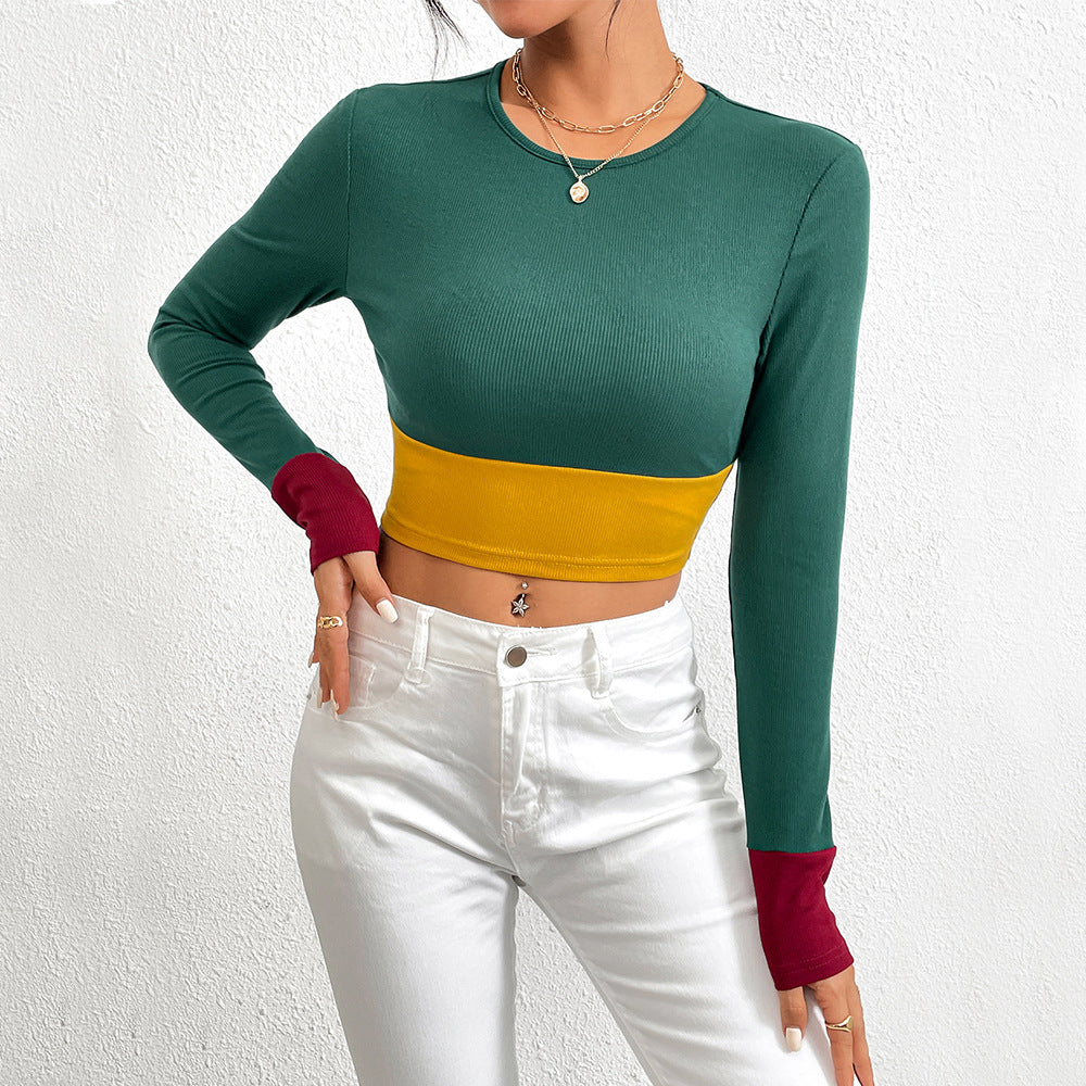 Color-Block Ribbed Cropped Top with Long Sleeves