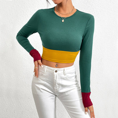Color-Block Ribbed Cropped Top with Long Sleeves
