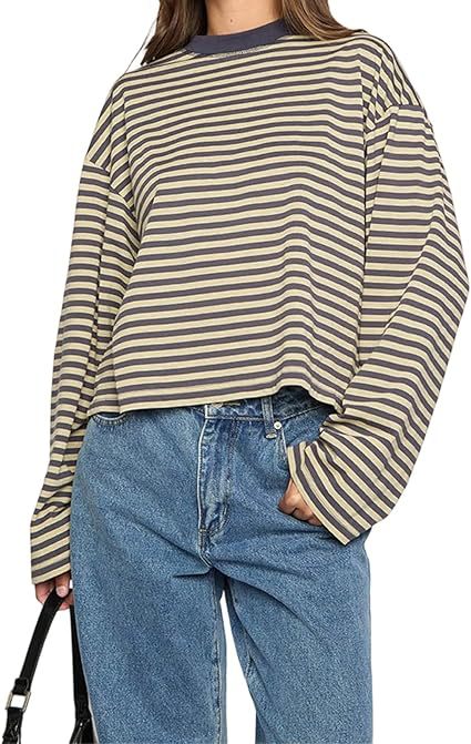 Oversized Striped Long Sleeve T-Shirt with Round Neck