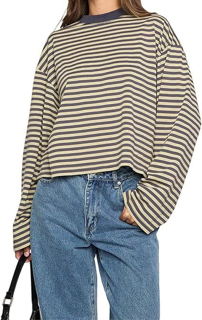 Oversized Striped Long Sleeve T-Shirt with Round Neck