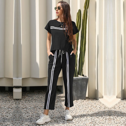 Striped Two-Piece Set with Short Sleeves and Drawstring Trousers